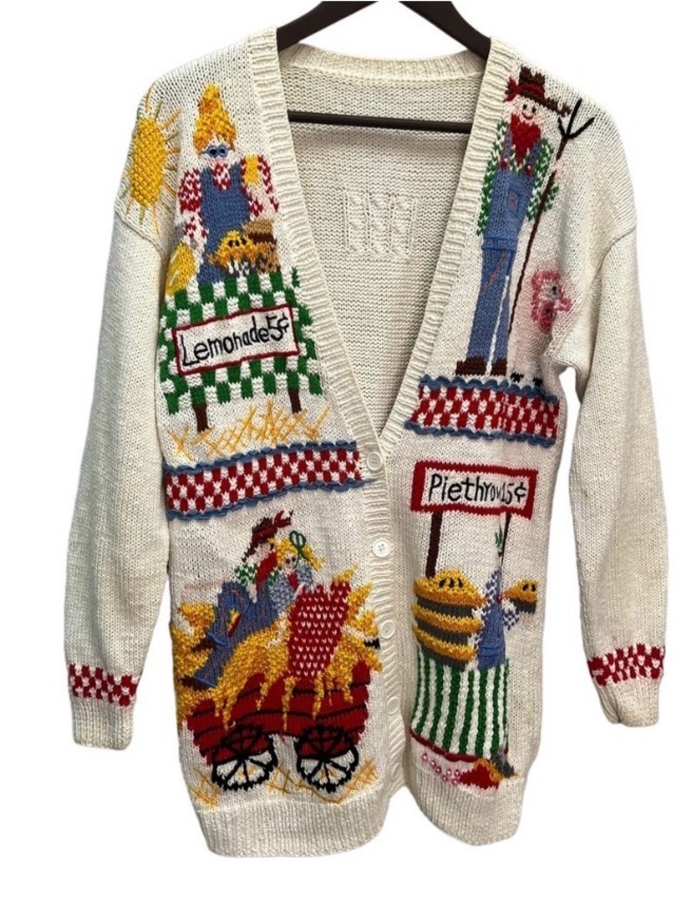 VINTAGE White Farm Themed 1990's Cotton V- Neck Cardigan Sweater Size S